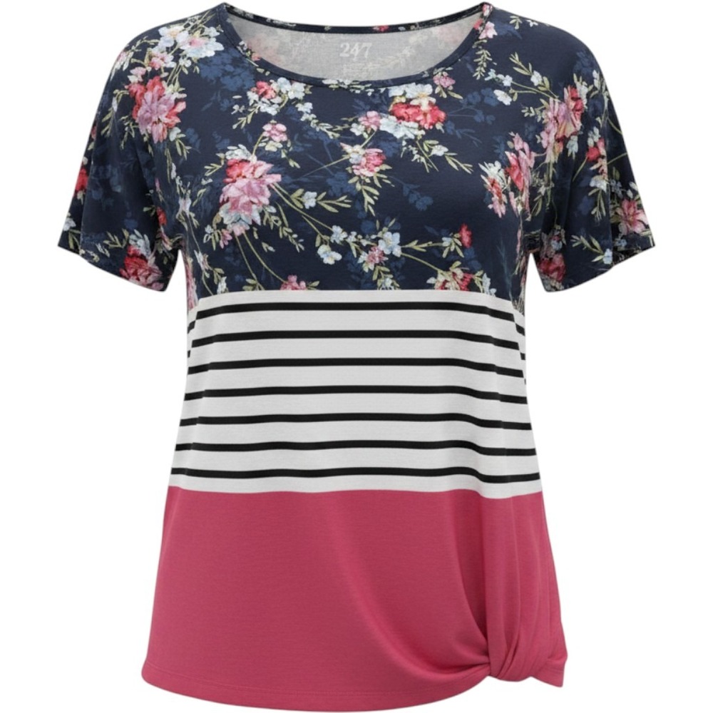 Maurices 24/7 Womens Large Floral Striped Colorblock Knot Soft Short Sleeve Top